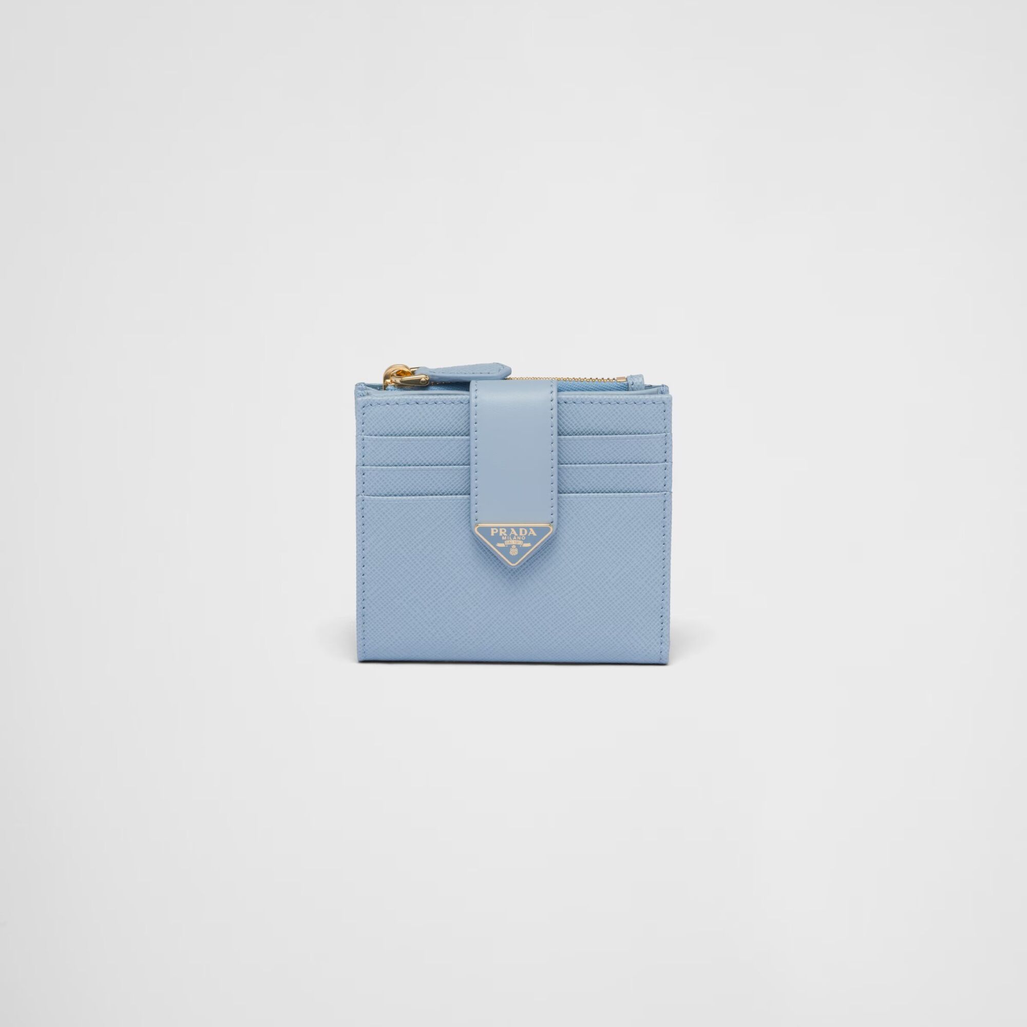 プラダ サフィアーノタブ 折り財布  素材:レザー 色:ライトブルー/ブラック/グレー・ピンク/サンド・ライトブルー