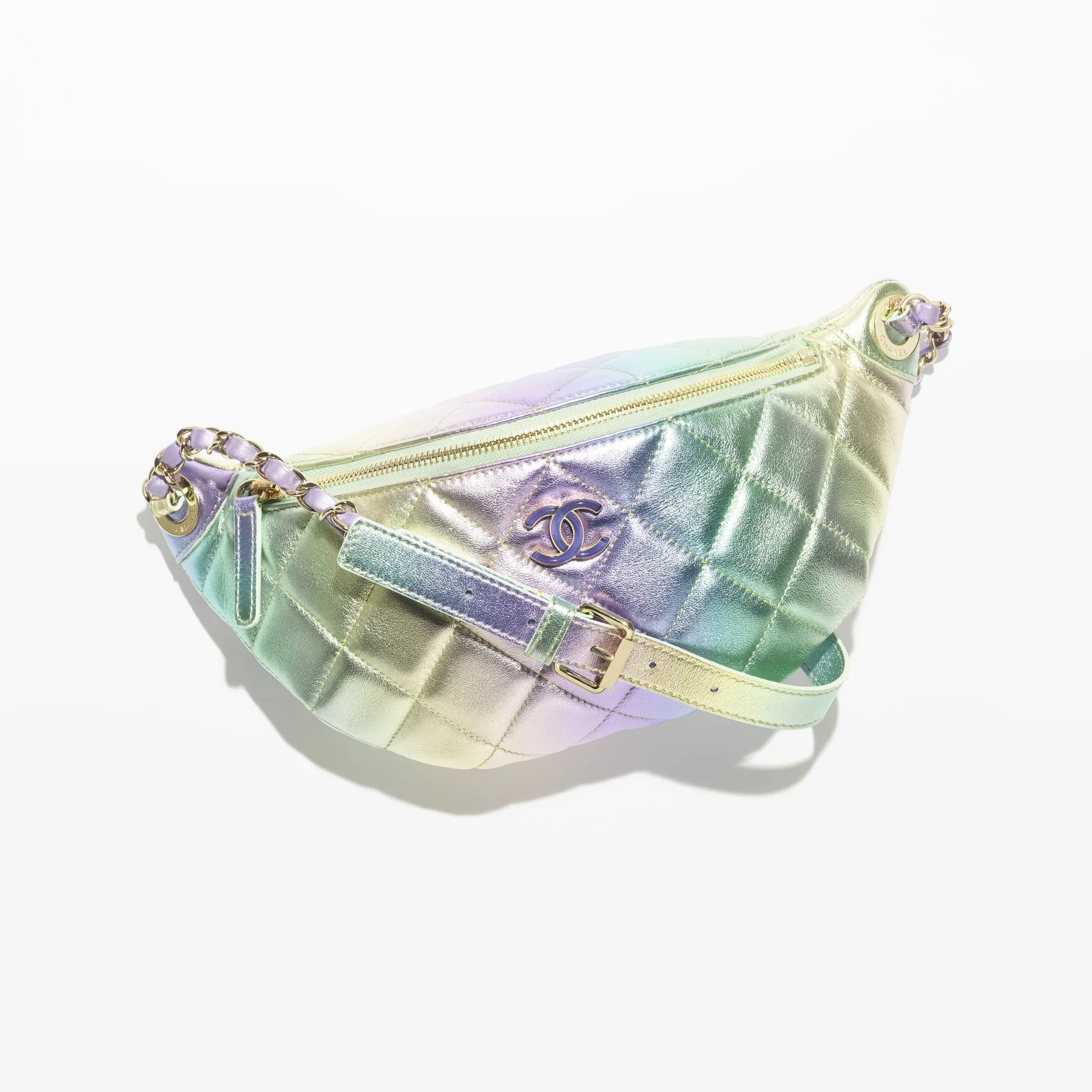 シャネル ウエスト バッグ 素材:メタリック ラムスキン 色:イリディッセント ピンク、パープル & グリーン