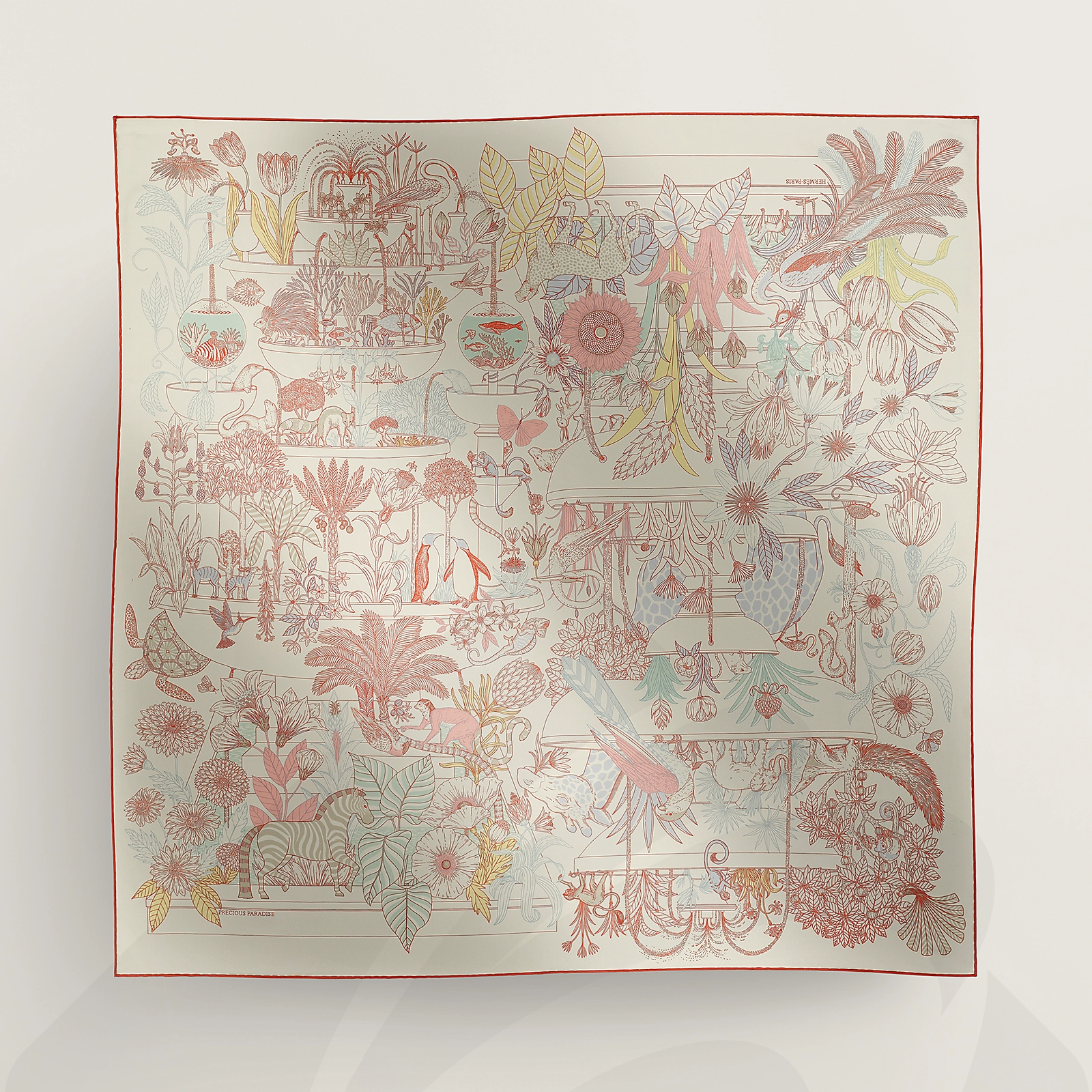 エルメス カレ 90 《プレシャス・パラダイス》 素材:シルクツイル
絹 100% 色:・白 / アクア / メントール
・カーキ / ピンク / レッド
・白 / グリーン / ブルー・ヴィフ
・ブルー・ジーン / グリーン / オレンジ
・ジョーヌ・スフル / ブルー / ピンク
・ベージュ・ドレ / グリーン / ジョーヌ・ヴィフ
・アプリコット / ヴァニーユ / コライユ
・白 / アクア / メントール