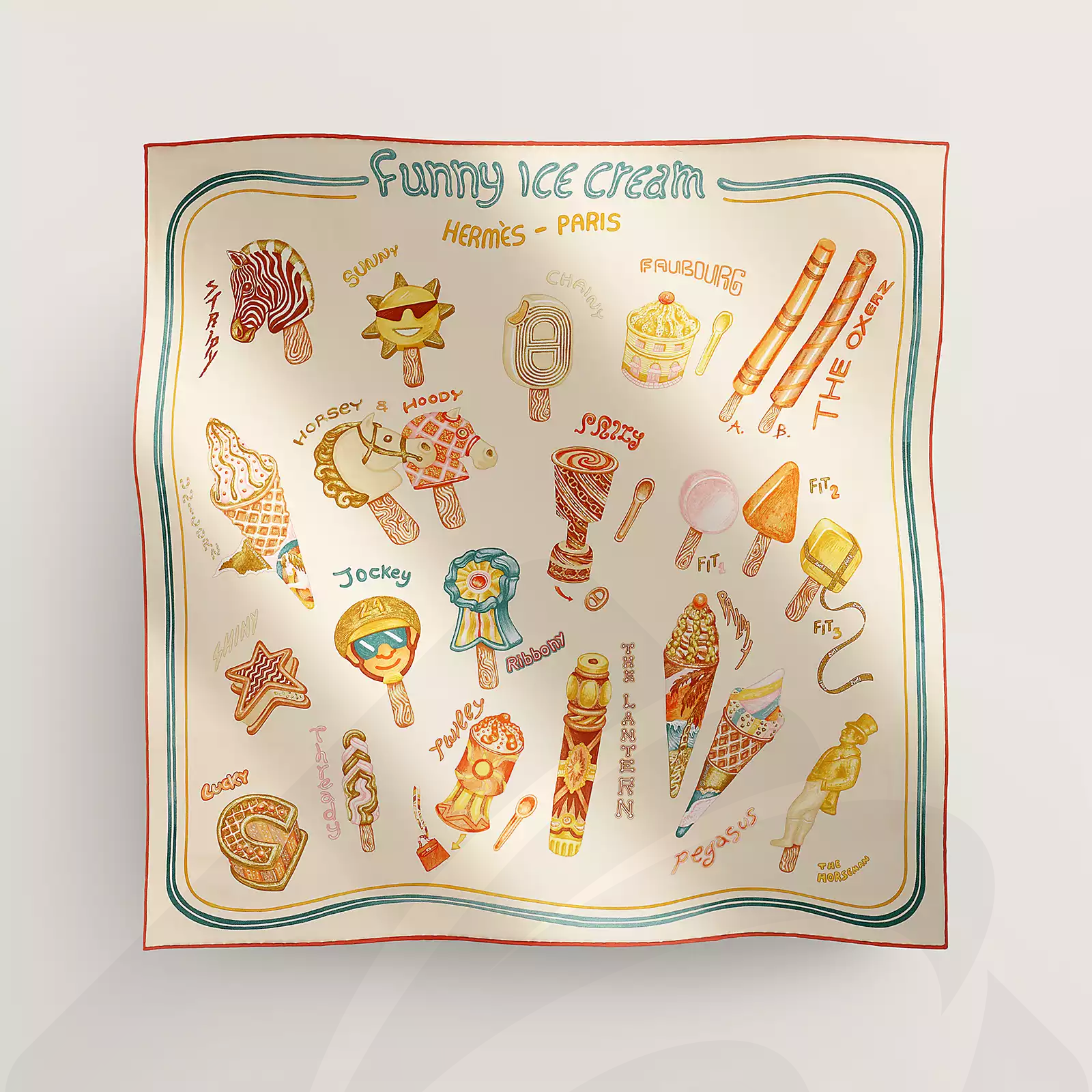 エルメス カレ 70 《ファニー・アイスクリーム》 素材:ヴィンテージシルク
絹 100% 色:・プードル / オレンジ / ブラウン
・ローズ・ナークル / コライユ / イエロー
・黒 / イエロー / マルチカラー
・グリ・ペルル / ピンク / マルチカラー
・白 / レッド / マルチカラー
・ヴェール・アルジル / ブルー / イエロー
・ブルー・シエル / ローズ・ボンボン / イエロー