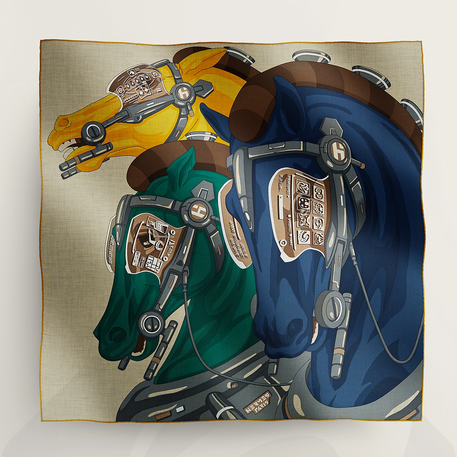 エルメス カレH 100 《ホース・リアリティ》 素材:カシミヤ 70% 絹 30% 色:・インディゴ / エムロード / イエロー
・マリン / ブルー / シエル
・カーキ / ボルドー / ブルー・カナール
・黒 / エムロード / ブラウン