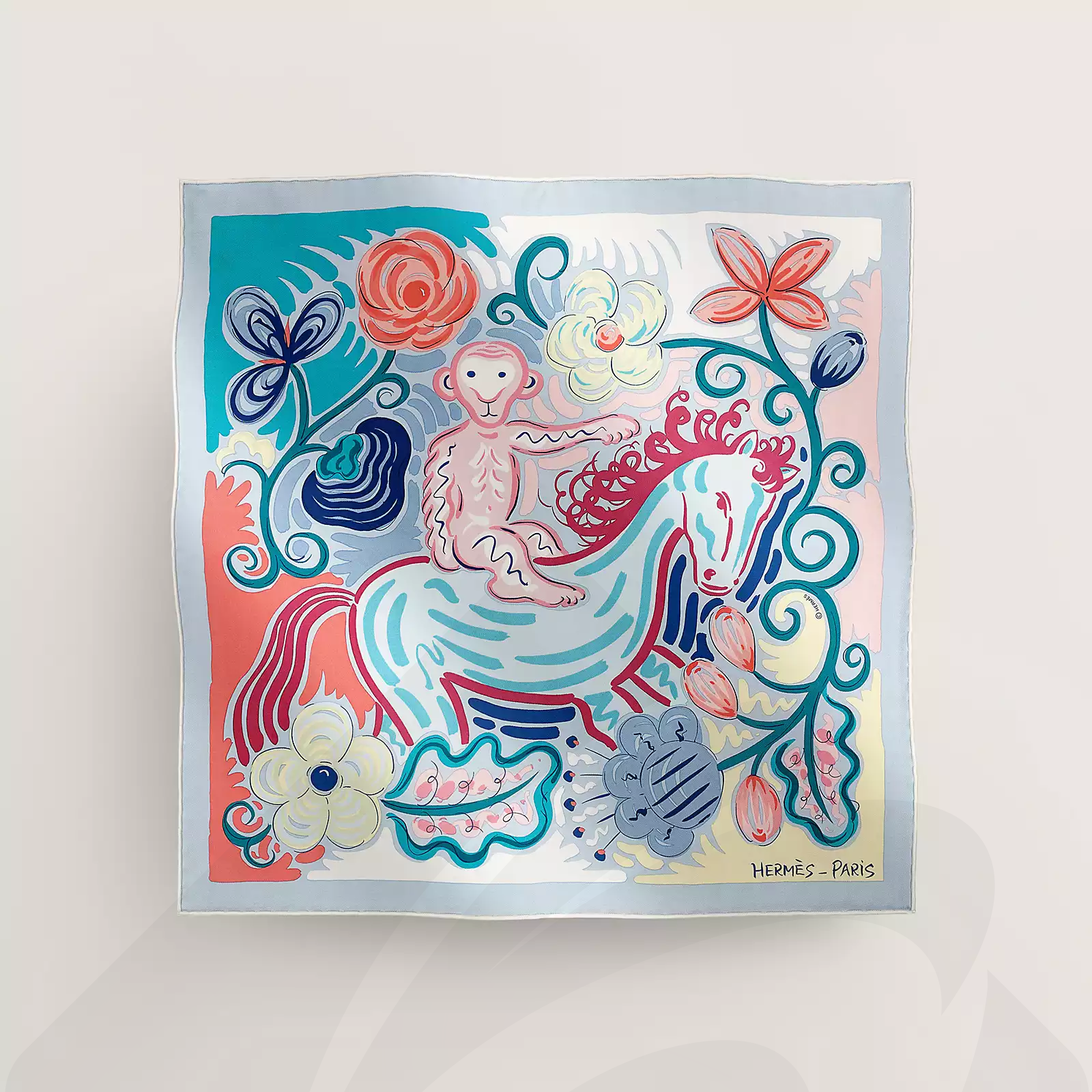 エルメス ガヴロッシュ 45 《シュヴァル・ドゥ・カズミ》 素材:シルクツイル
絹 100% 色:・ヴュー・ローズ / レッド / イエロー
・モーヴ / イエロー / ピンク