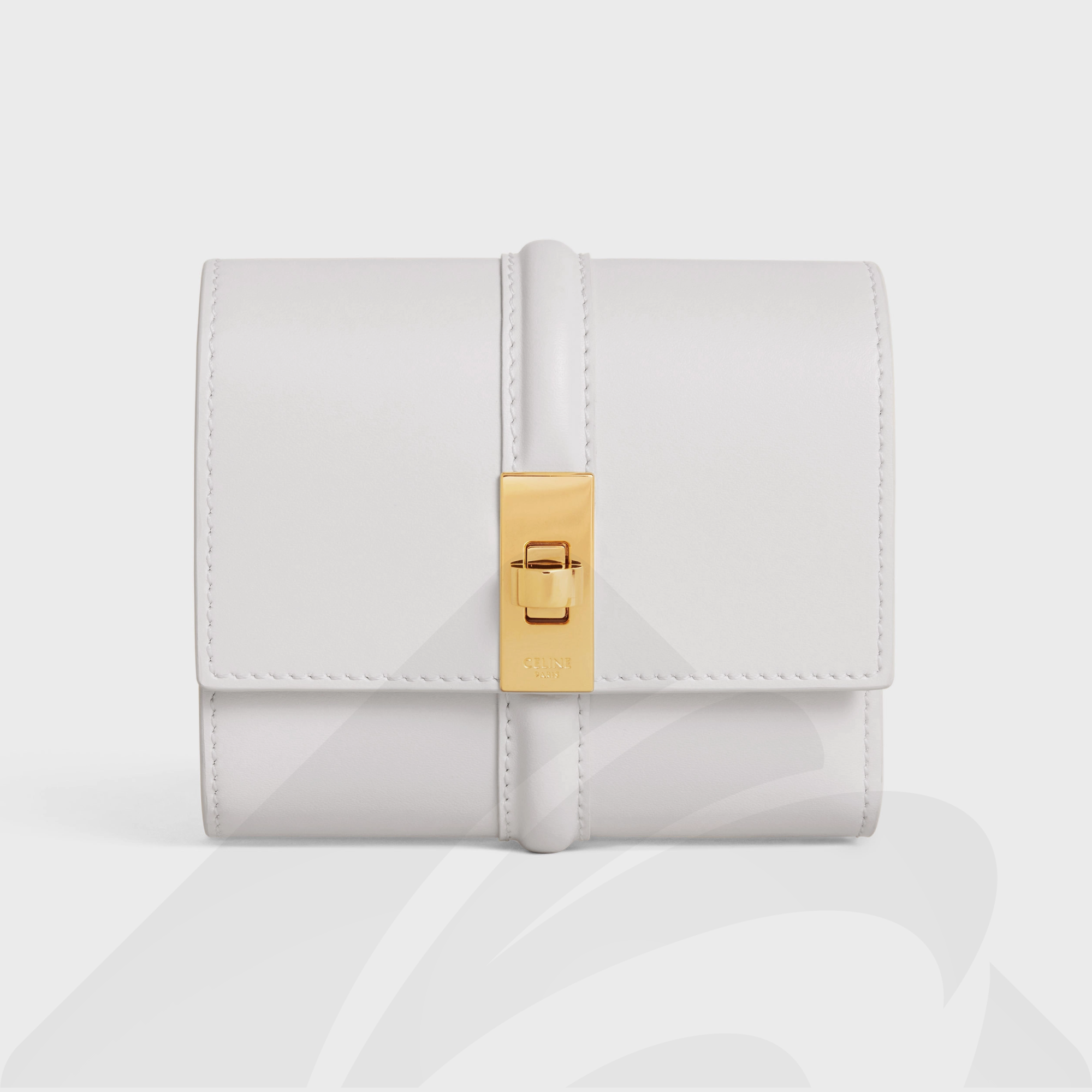 セリーヌ スモール トリフォールドウォレット 16(セーズ)  素材:シャイニーカーフスキン 色:クラウディグレー/ライトストーン/カプチーノ/ヌード/タン/ブラウンセピア/ライトライラック/ブラック