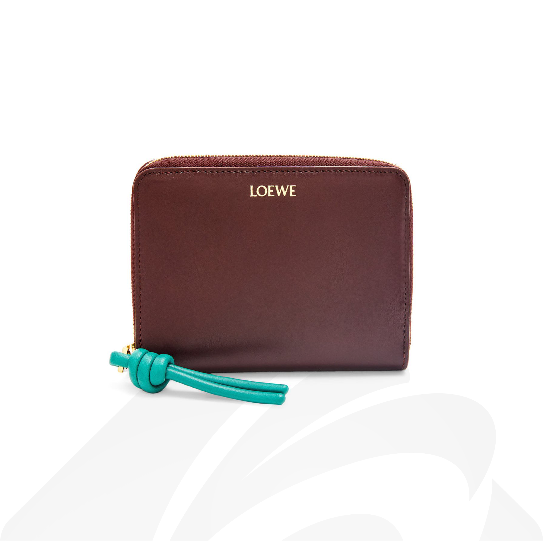 ロエベ ノット コンパクト ジップウォレット  素材:シャイニーナパカーフレザー 色:バーガンディ/エメラルド