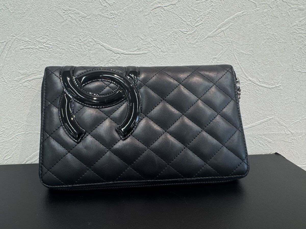 CHANEL 二つ折り長財布 カンボンライン ラムスキン ブラック ピンク 長財布 黒