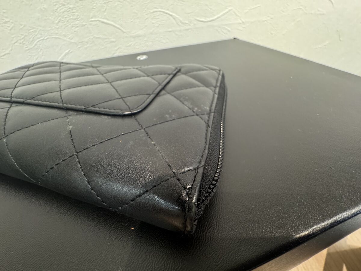 CHANEL 二つ折り長財布 カンボンライン ラムスキン ブラック ピンク 長財布 黒