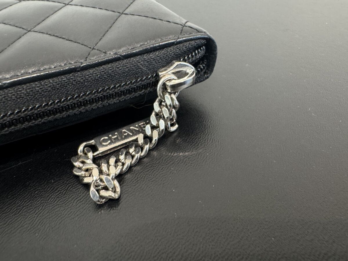 CHANEL 二つ折り長財布 カンボンライン ラムスキン ブラック ピンク 長財布 黒