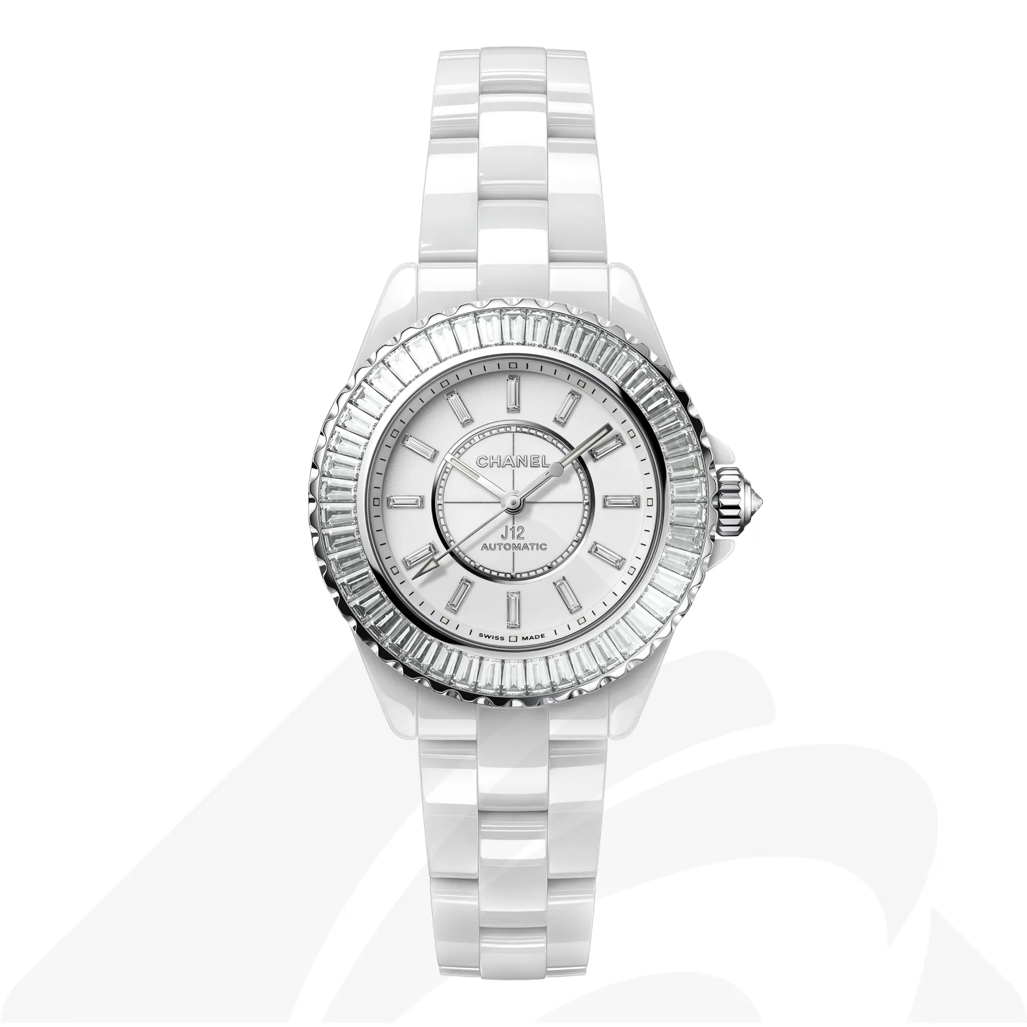 シャネル J12 バゲット ダイヤモンドベゼル キャリバー12.2, 33mm  素材:高耐性ホワイト セラミック、18Kホワイトゴールド 色:ホワイト