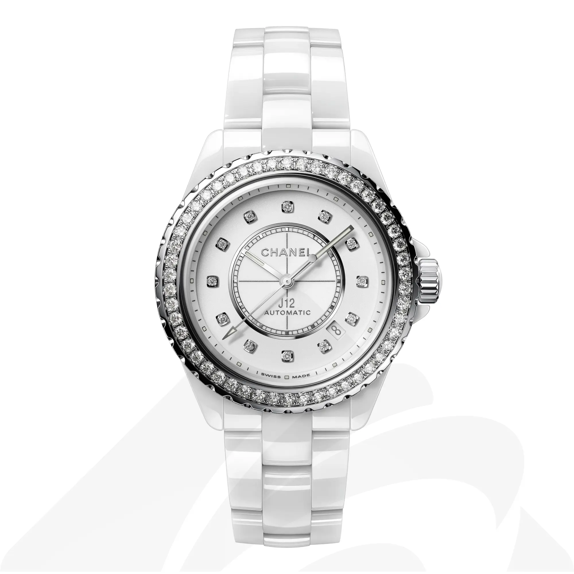 シャネル J12 キャリバー 12.1 ダイヤモンドベゼル, 38mm 素材:高耐性ホワイト セラミック、ステンレススティール 色:ホワイト
