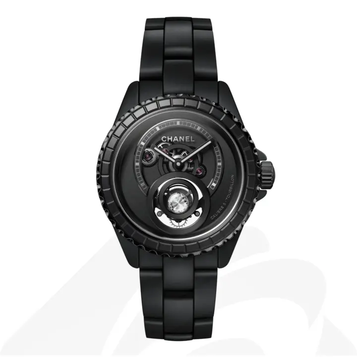 シャネル J12 ダイヤモンド トゥールビヨン キャリバー 5, 38mm  素材:高耐性マットブラック セラミック、ブラックコーティングを施したステンレススティール 色:ブラック