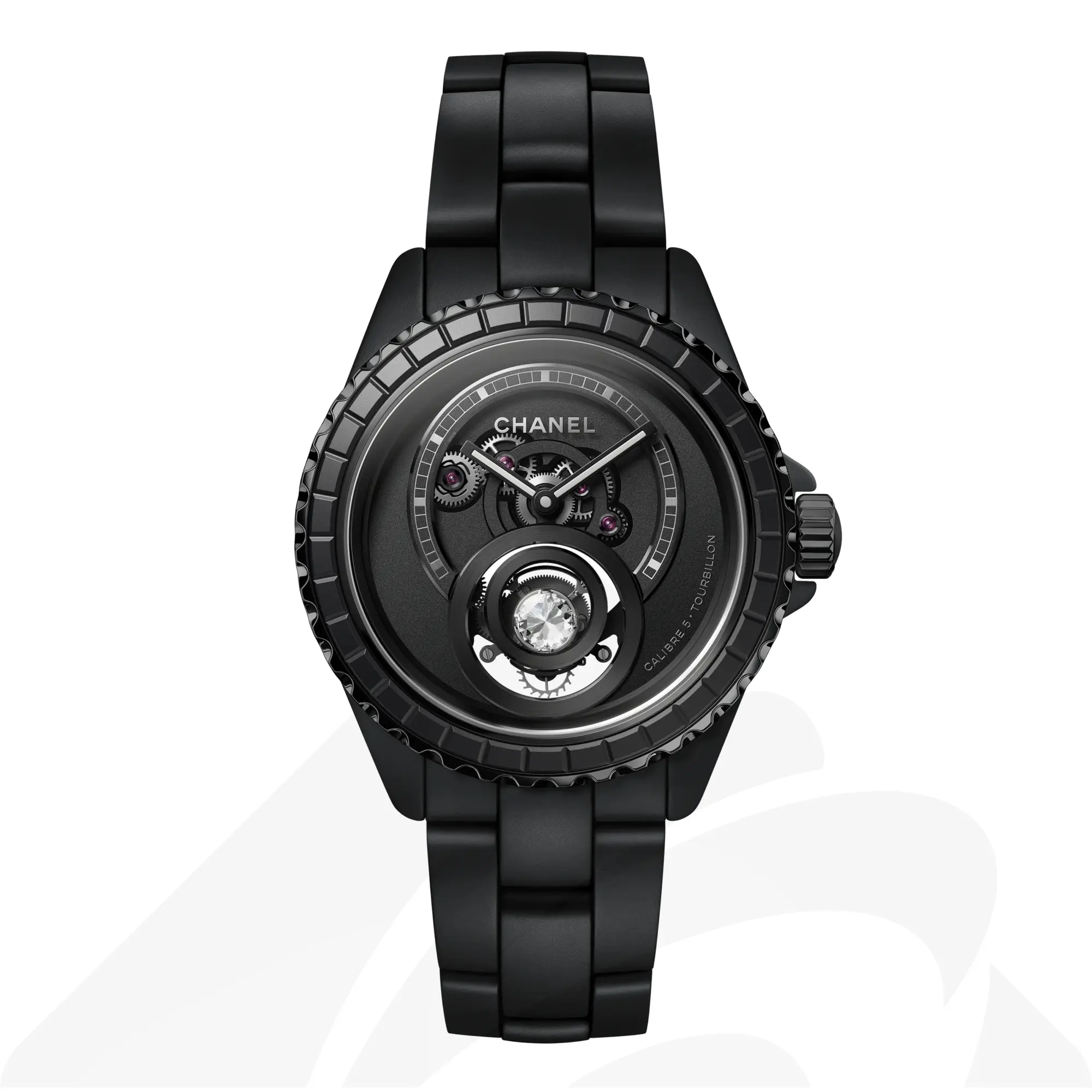シャネル J12 ダイヤモンド トゥールビヨン キャリバー 5, 38mm 素材:高耐性マットブラック セラミック、ブラックコーティングを施したステンレススティール 色:ブラック