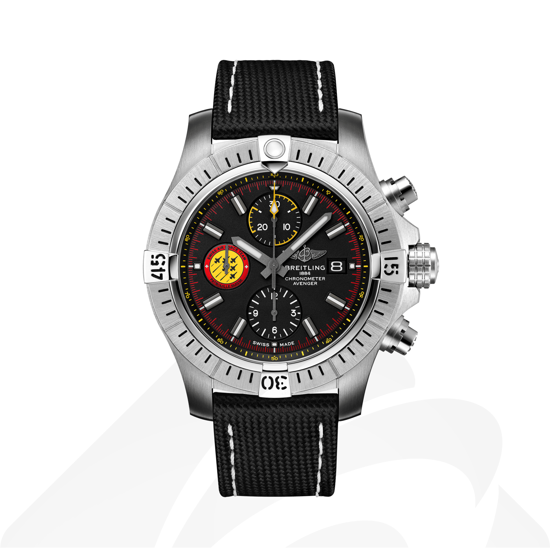 ブライトリング アベンジャー クロノグラフ 45 スイス エアフォースチーム リミテッドエディション  素材:ステンレススチール 色:ブラック