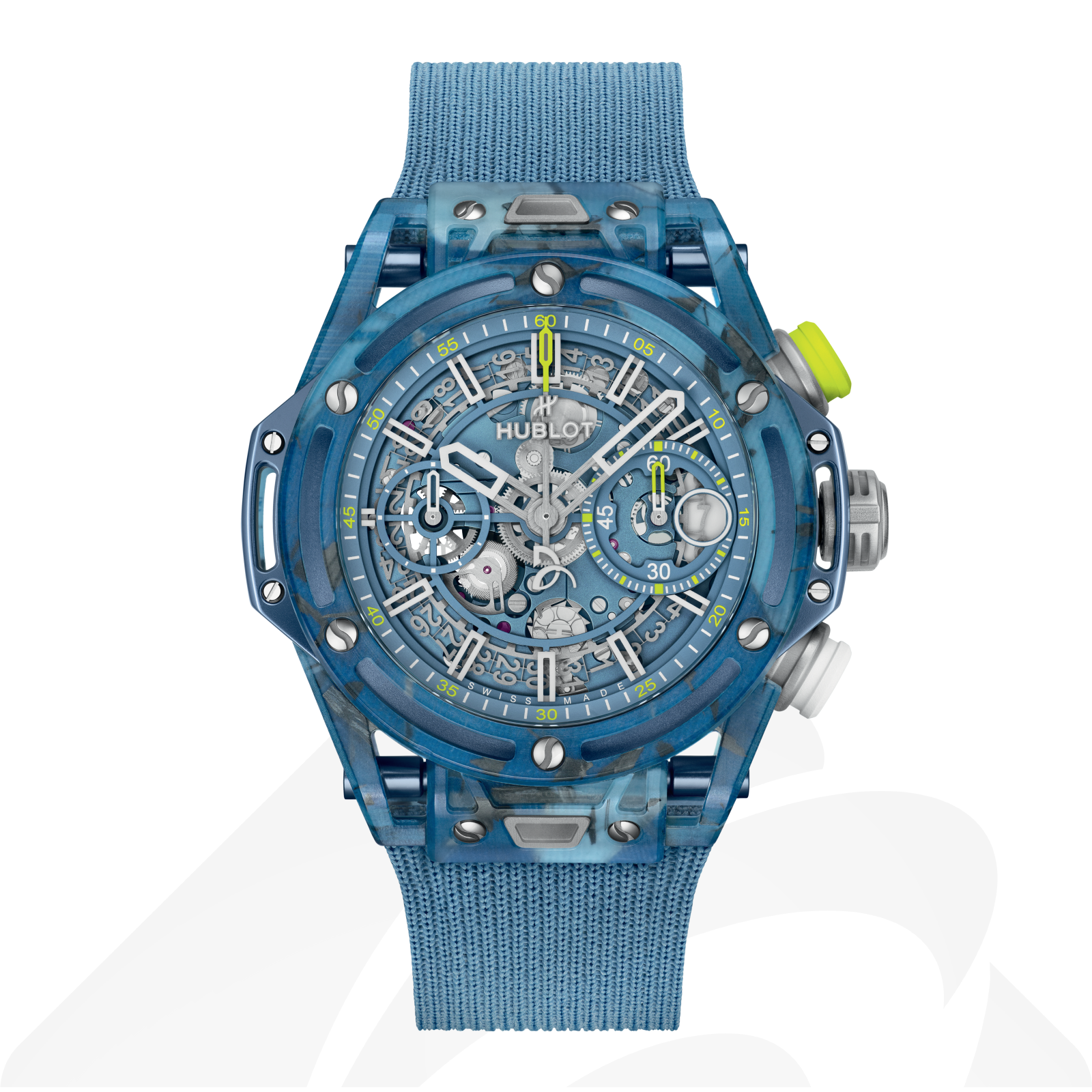 ウブロ ウニコ ノバク・ジョコビッチ  素材:ノバク・ジョコビッチのポロと ラケットを使用したマットブルーのリサイクル複合素材 色:マットスカイブルー