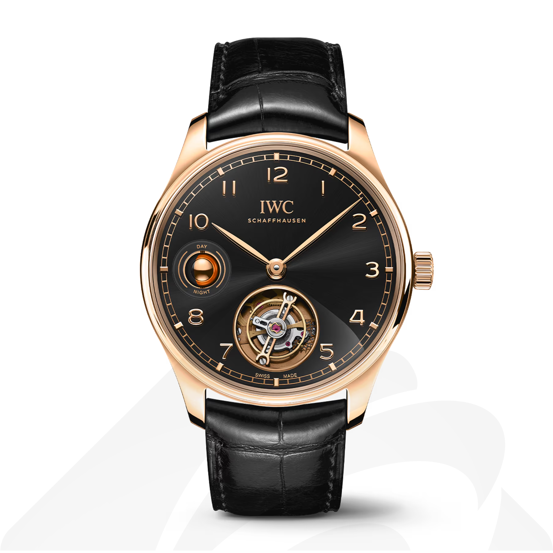 インターナショナル・ウォッチ・カンパニー ポルトギーゼ・ハンドワインド・トゥールビヨン・デイ＆ナイト  素材:18 ct Armor Gold® 色:ブラック