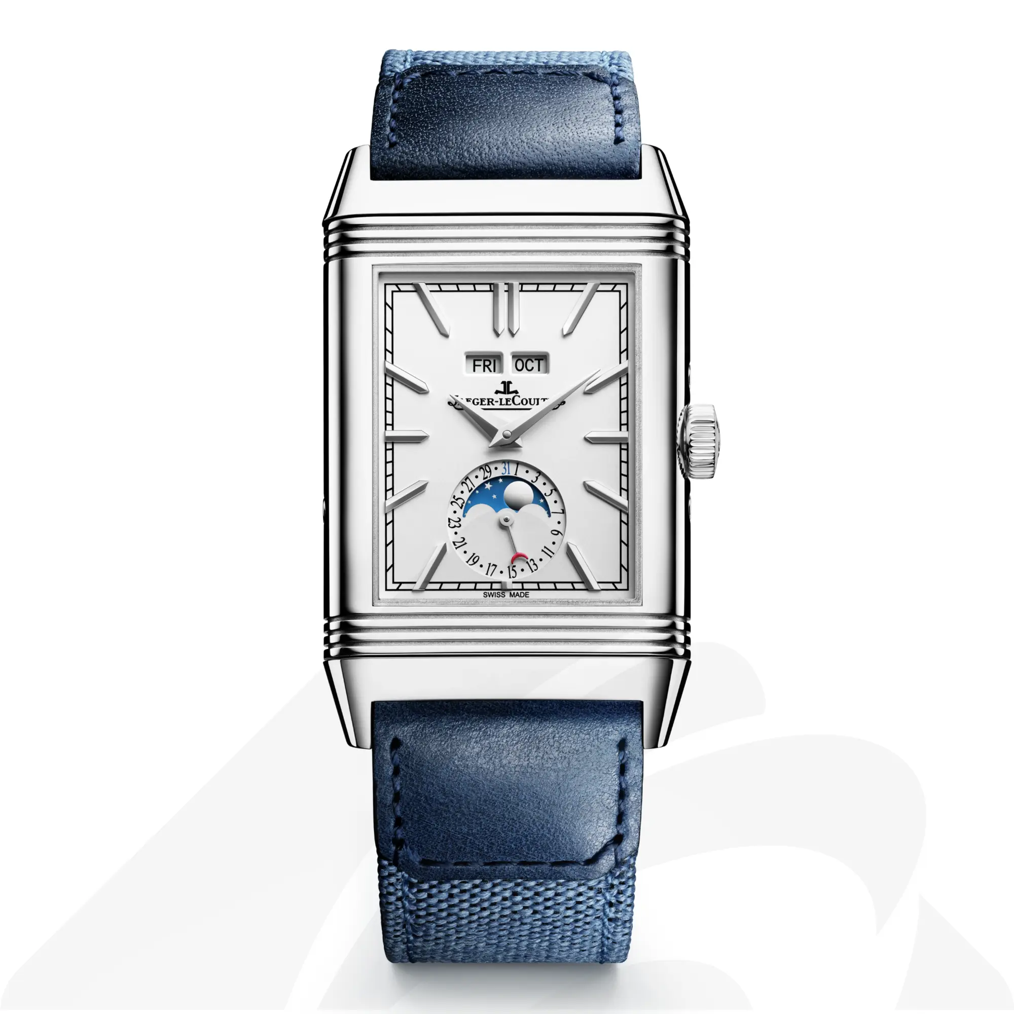 ジャガー・ルクルト レベルソ・トリビュート デュオ・カレンダー  素材:ステンレススチール 色:シルバーグレー/ブルー