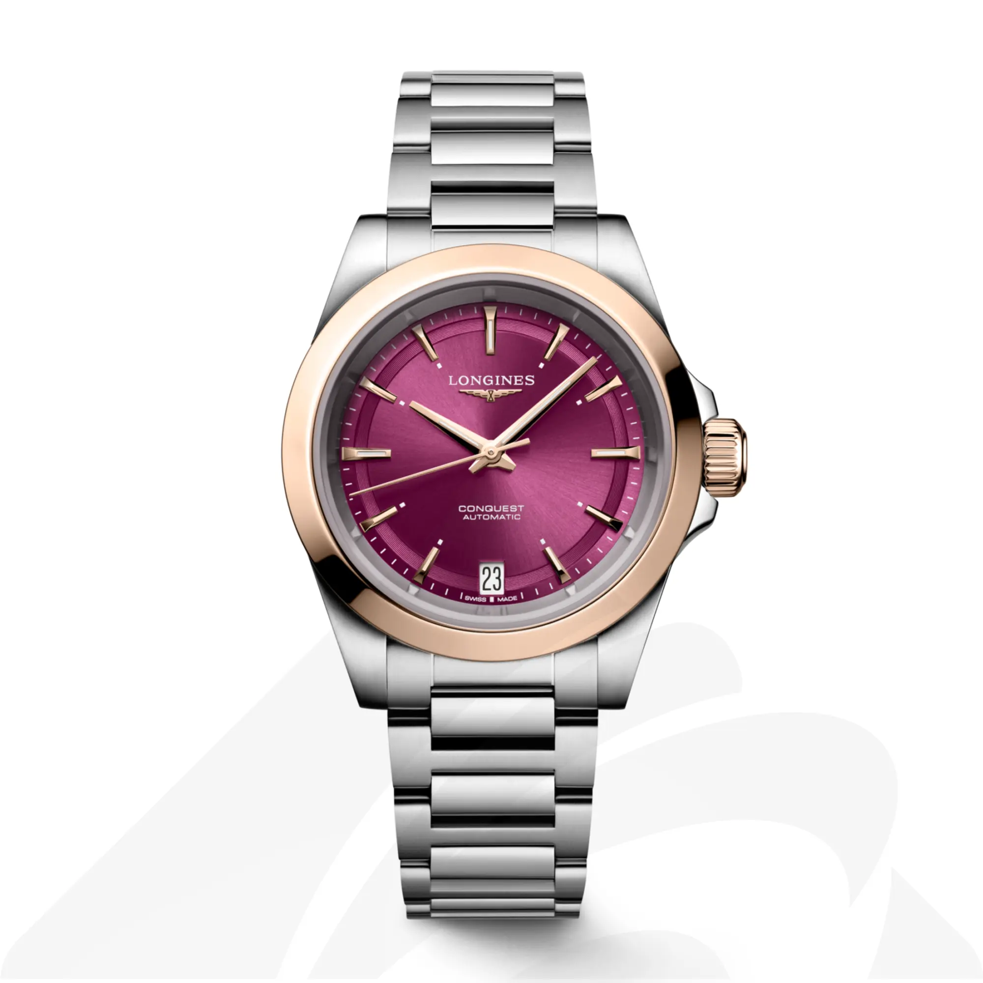 ロンジン コンクエスト  素材:ステンレススチール&18KローズゴールドGC200 色:パープルサンレイ