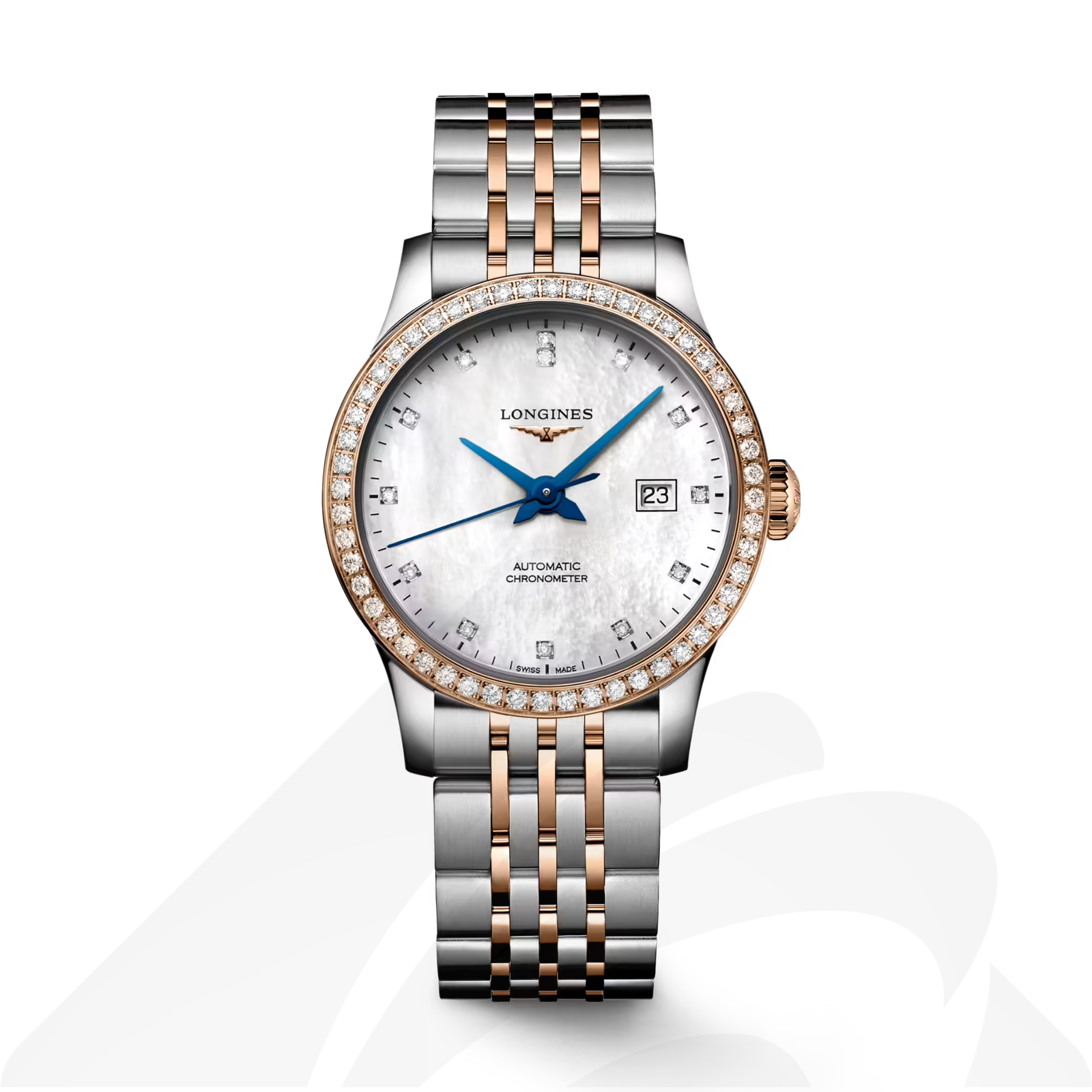 ロンジン レコード  素材:ステンレススティール＆18Kピンクゴールド 色:ホワイトマザーオブパール