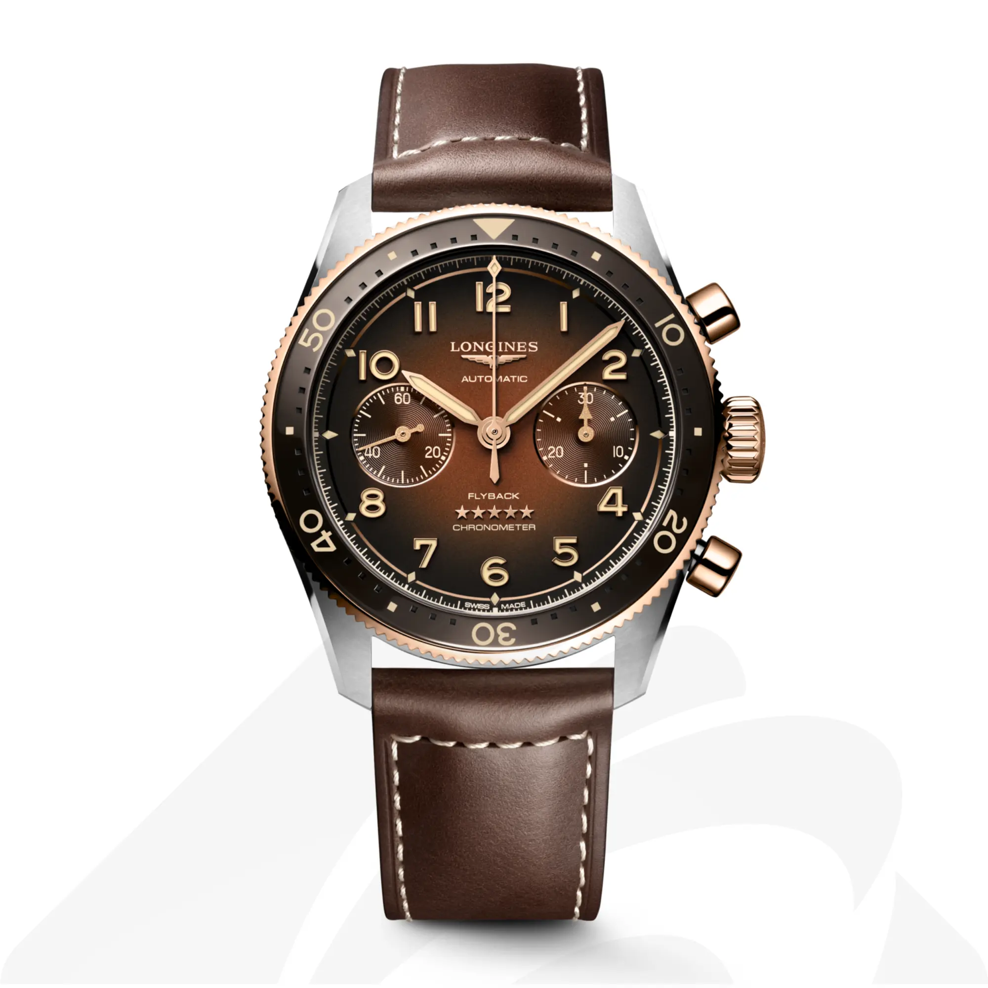 ロンジン LONGINES SPIRIT FLYBACK  素材:ステンレススチール&18KローズゴールドGC200 色:ブラウン