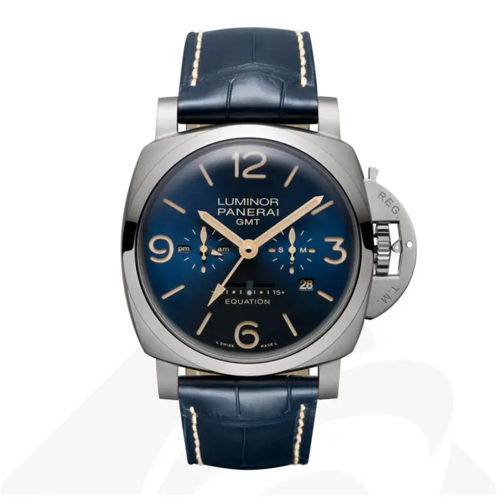 パネライ Luminor Equation of Time GMT Titanio  素材:サファイアクリスタルのシースルーとチタン 色:ブルー