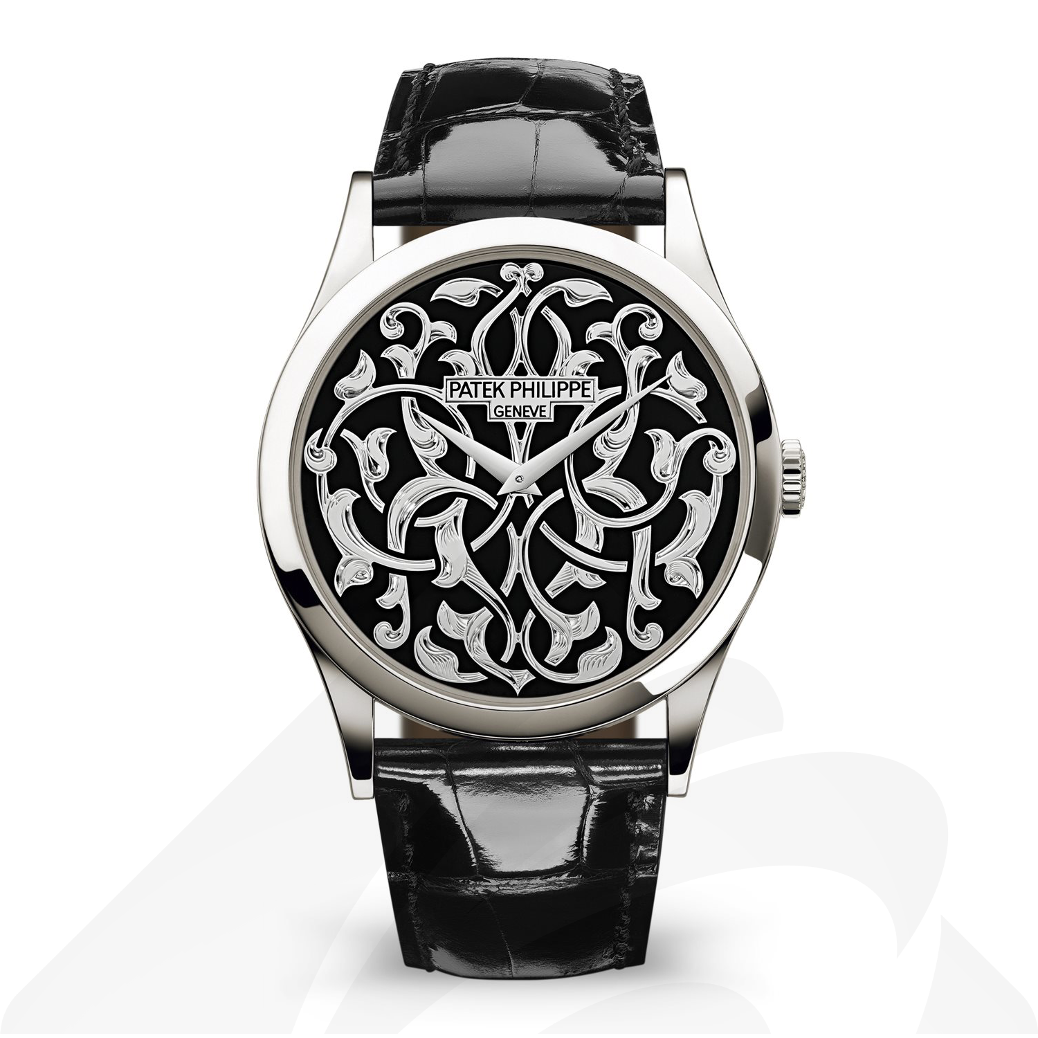 パテックフィリップ 5088/100P 渦巻とアラベスク模様. 素材:プラチナ 色:黒七宝