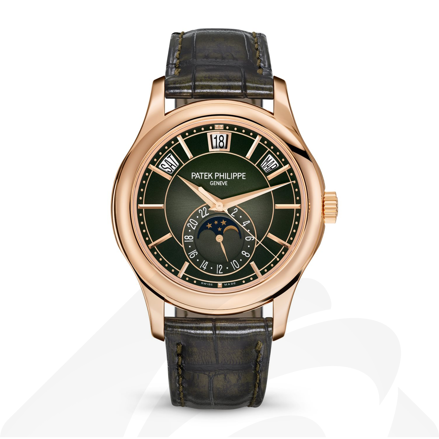 パテックフィリップ 5205R 年次カレンダー, ムーンフェイズ. 素材:ローズゴールド 色:グリーン