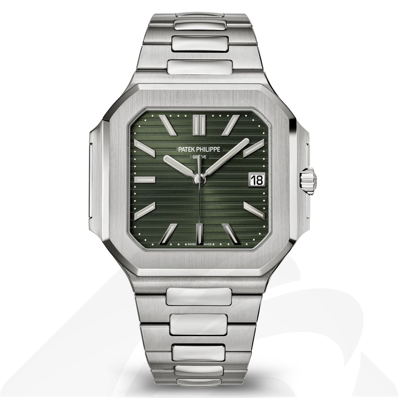 パテックフィリップ 5821/1A 日付表示, センターセコンド. 素材:ステンレススチール 色:オリーブグリーン・ソレイユ