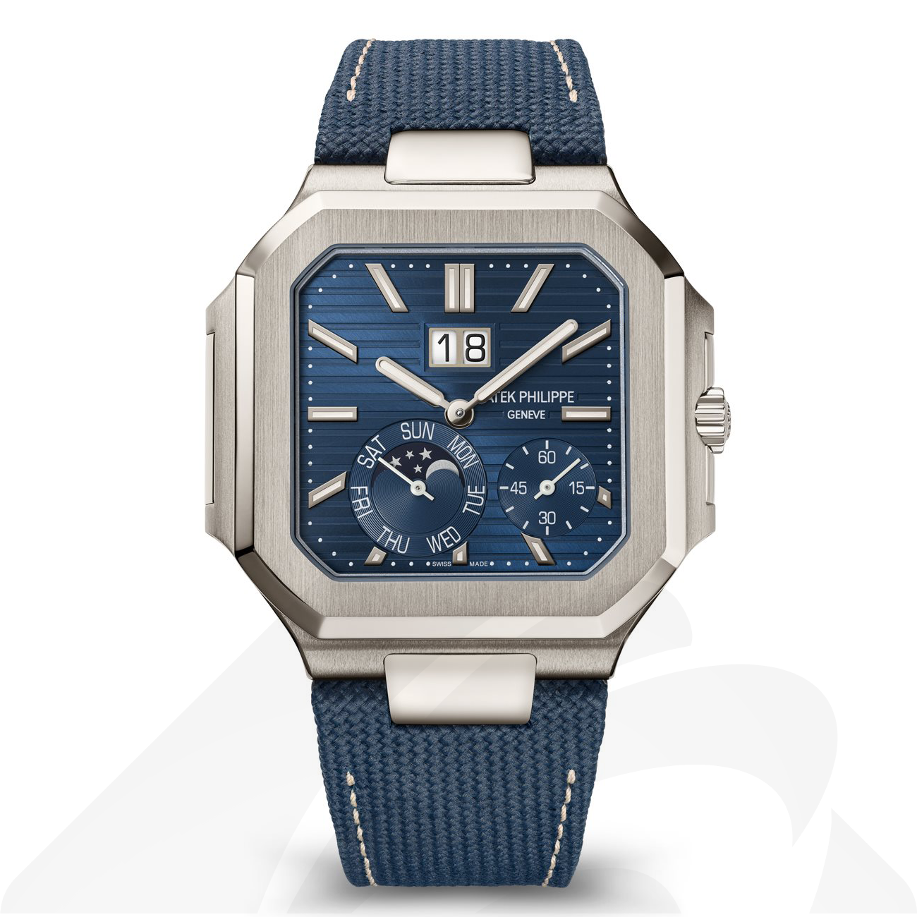 パテックフィリップ 5822P 瞬時送り式大型日付、曜日、ムーンフェイズ表示. 素材:プラチナ 色:ブルー・ソレイユ