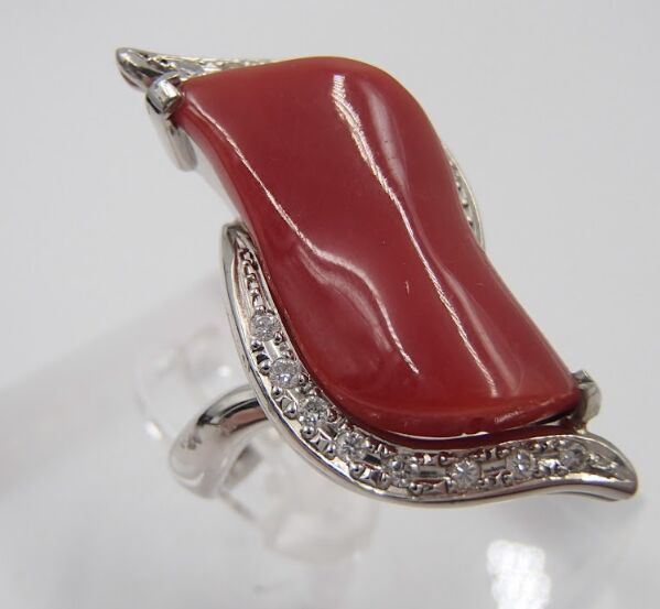 赤珊瑚 ダイヤモンド リング Pt900 D0.16ct 約14.7g 珊瑚 コーラル サンゴ アクセサリー 指輪