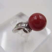 赤珊瑚　リング　Pt900　D0.11ct　約7.6ｇ　丸玉9.1ｍｍ　ダイヤモンド　珊瑚　コーラル　サンゴ　アクセサリー